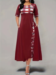 Plaid Print Splicing Dress Casual Crew Neck Short Sleeve Summer Asymmetrical Dre