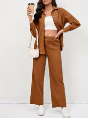 Casual Corduroy 2-Piece Set Long Sleeve Shirt & Pants Outfit
