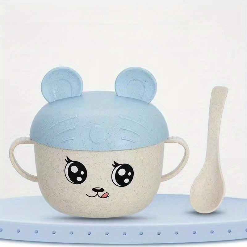 Children's Cartoon Double Handle Bowl with Lid and Spoon