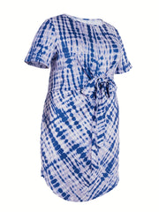  Tie Dye Short Sleeve Round Neck Belted Dress