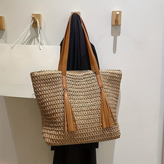 Colorblock Straw Tote Bag Woven Shoulder Bag With Tassel Decor