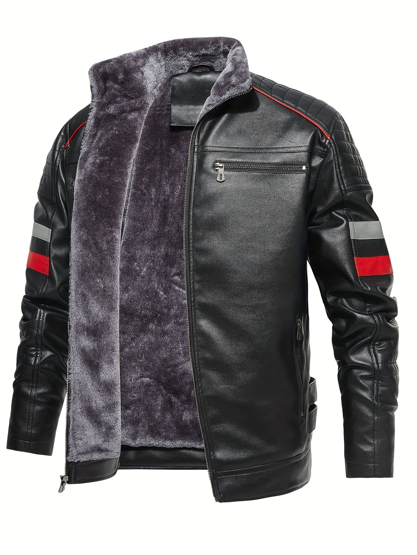 Men's Casual Fleece PU Leather Jacket Stand Collar Biker Jacket