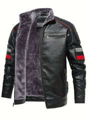 Men's Casual Fleece PU Leather Jacket Stand Collar Biker Jacket