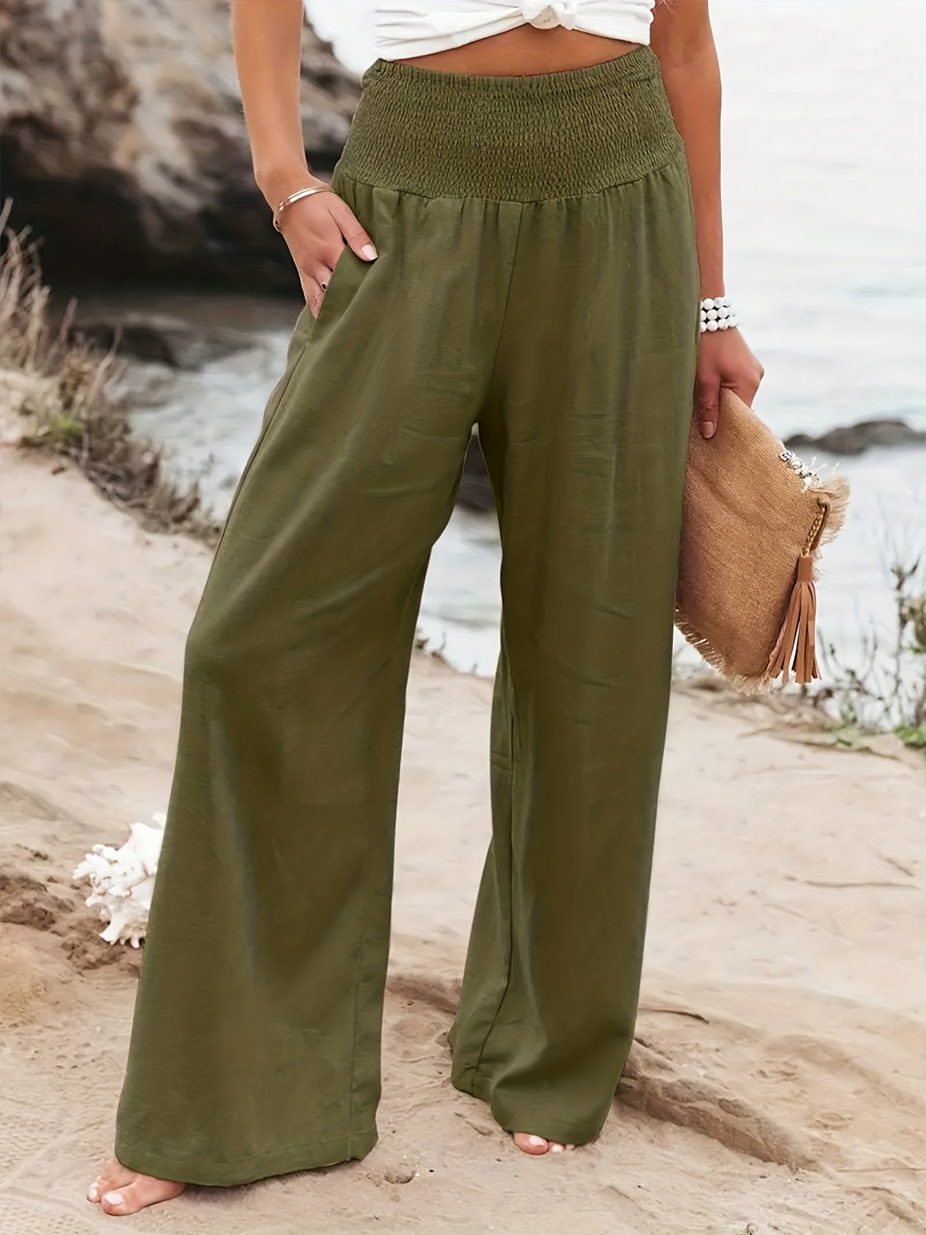 Solid Elastic Waist Wide Leg Pants for Women