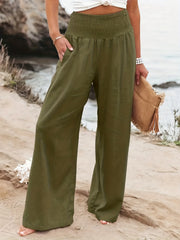 Solid Elastic Waist Wide Leg Pants for Women