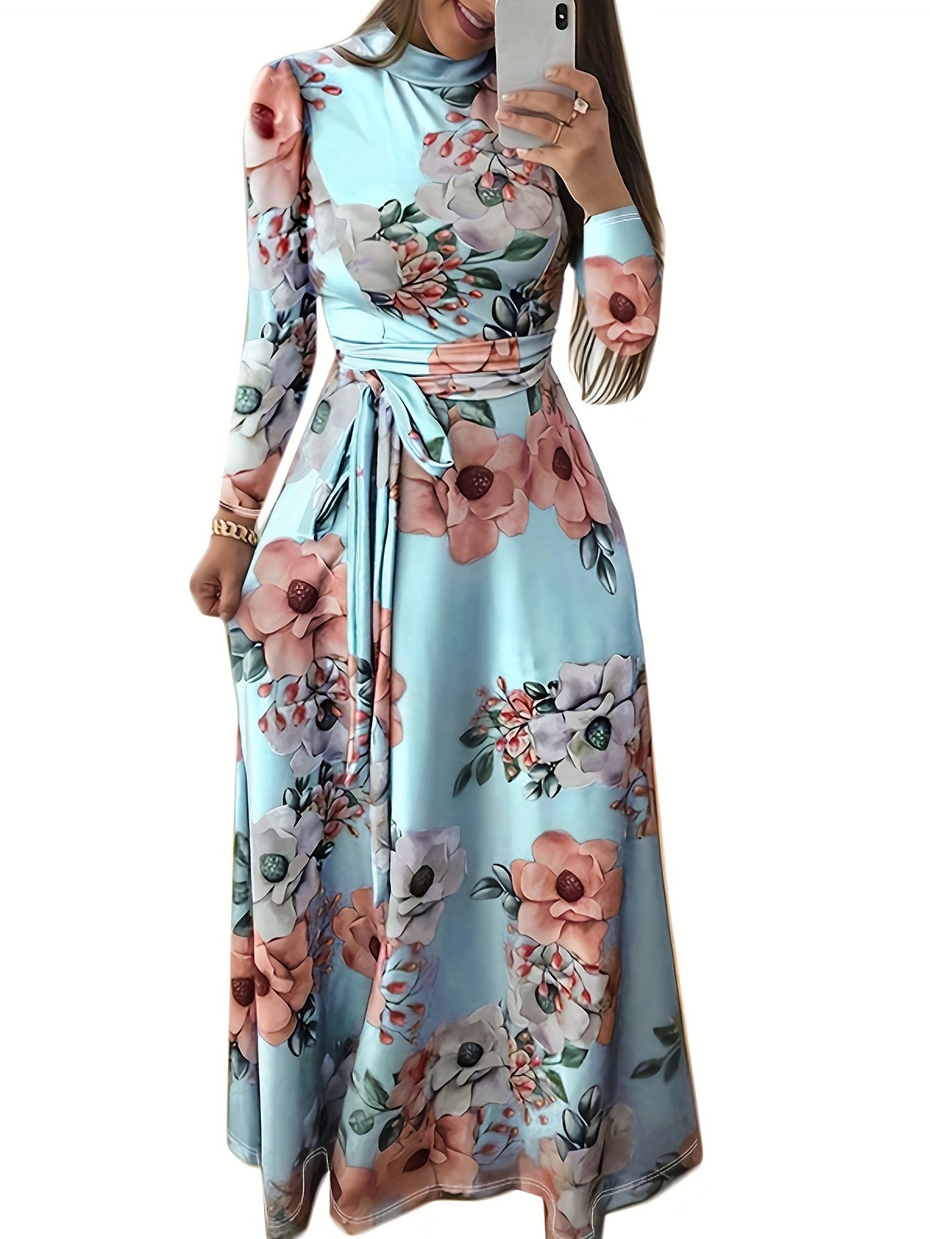  Floral Print Maxi Dress Women's Plus Round Neck Fit And Flare