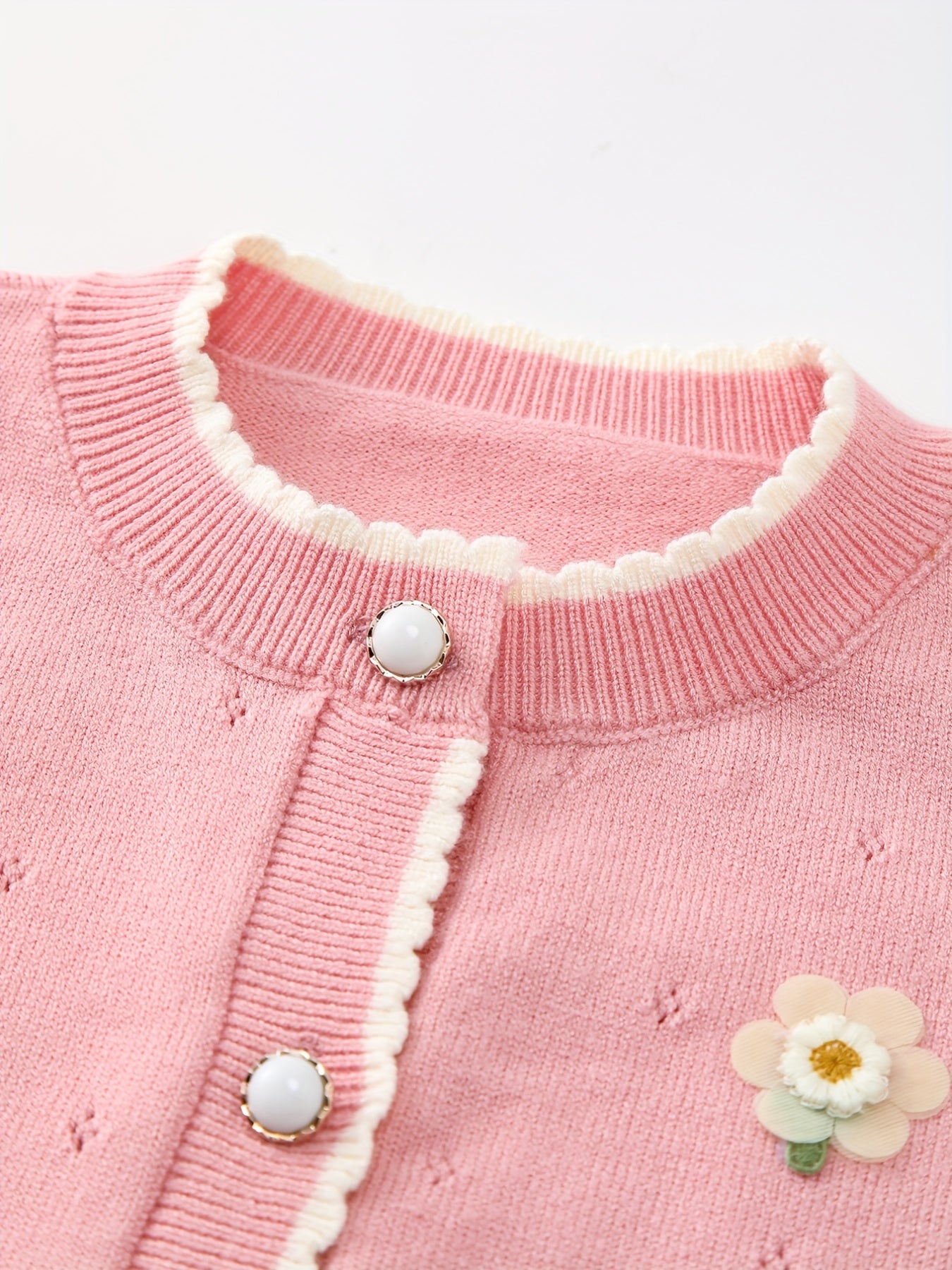 Baby Girl Sweater Coat With Small Flower Decor Knitted Cardigan