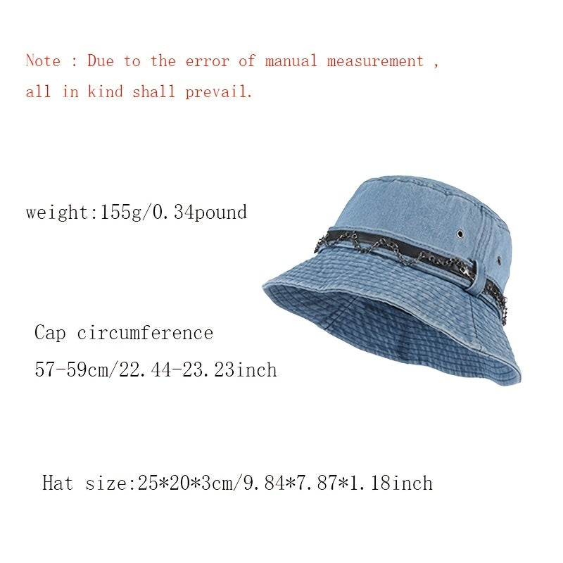 Metal Chain Denim Bucket Hat Distressed Hip Hop Fisherman Cap