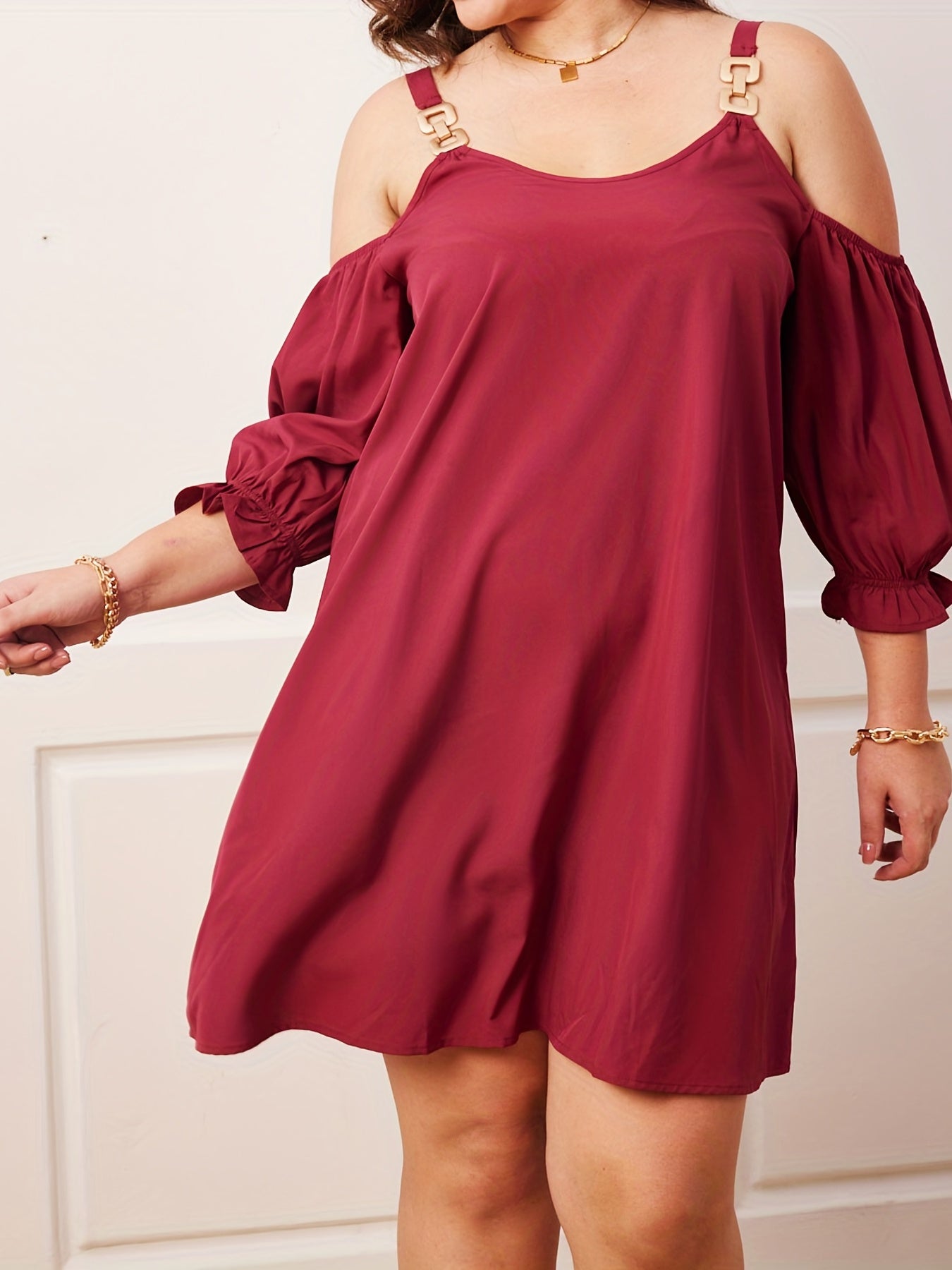  Cold Shoulder Puff Sleeve Dress