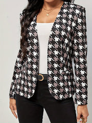  Houndstooth Print Open Front Blazer