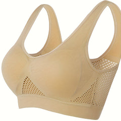 Plus Size Sports Bra Women's Plus Solid Breathable Hollow Mesh Fitness Gym Bra
