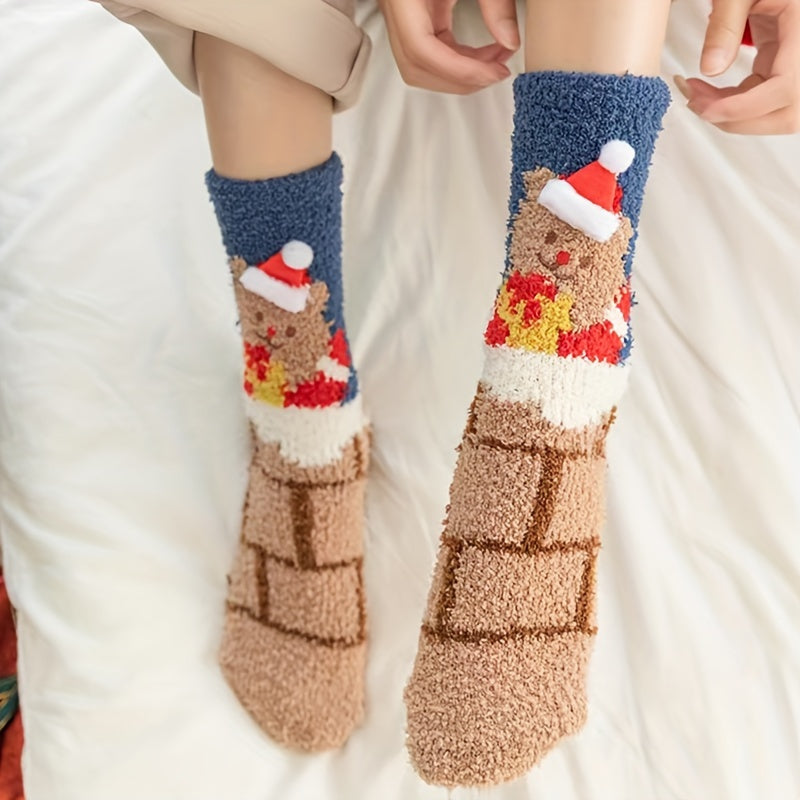 Christmas Bear Print Socks Fuzzy Warm Women's Stockings