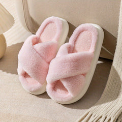Women's Criss Cross Straps Plush Slippers Warm Indoor Shoes