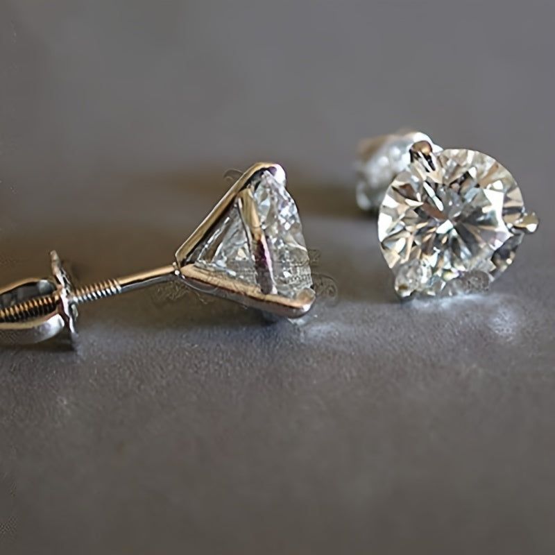 3 Claw Zircon Screw Back Earrings Silver Plated 925 Silver For Women Girls