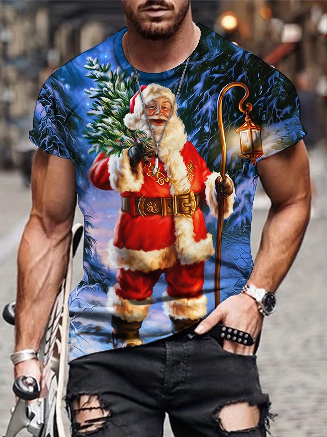 Christmas Santa Claus Print Men's Comfy Sports T shirt Graphic Tee