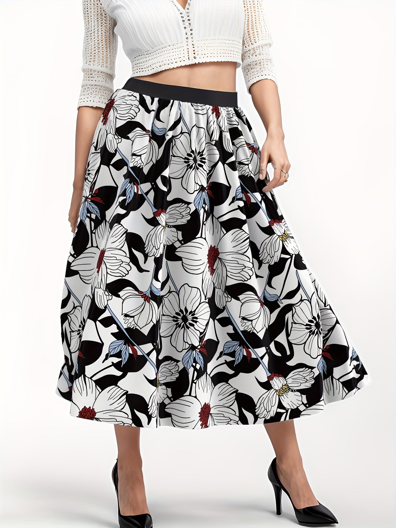 Floral Print Maxi Skirt High Rise Elastic Waist Plus Size
