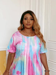  Tie Dye Boat Neck Pleated Midi Dress With Pockets