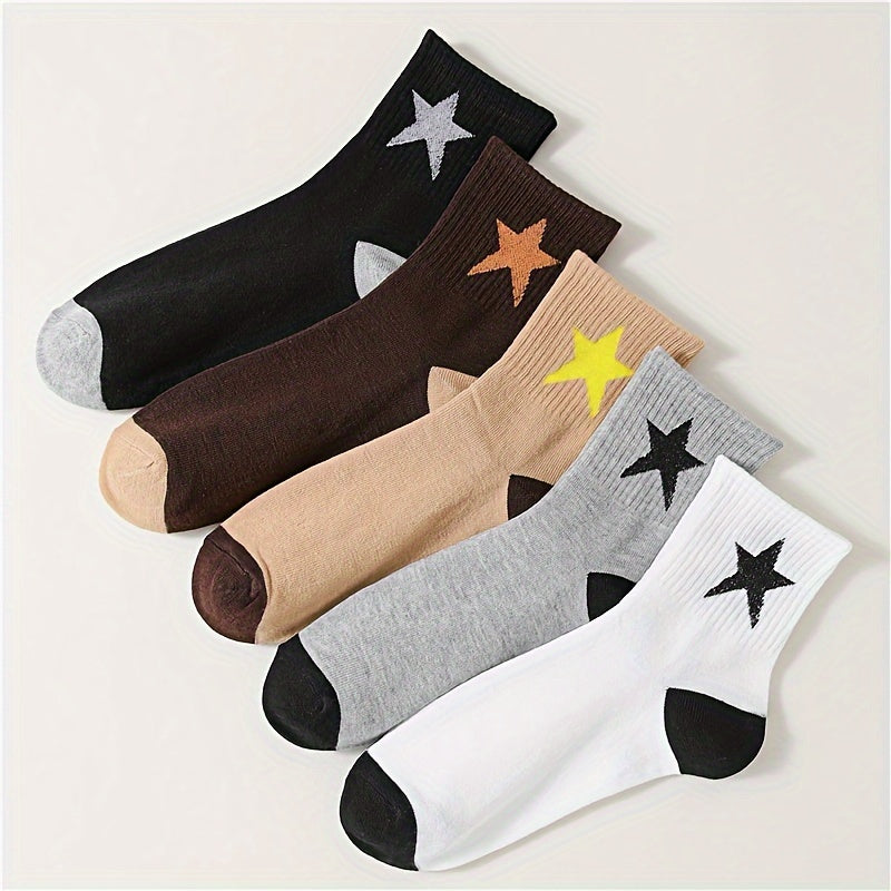 5 Pairs Star Print Socks Soft & Breathable Mid Tube Women's Stockings