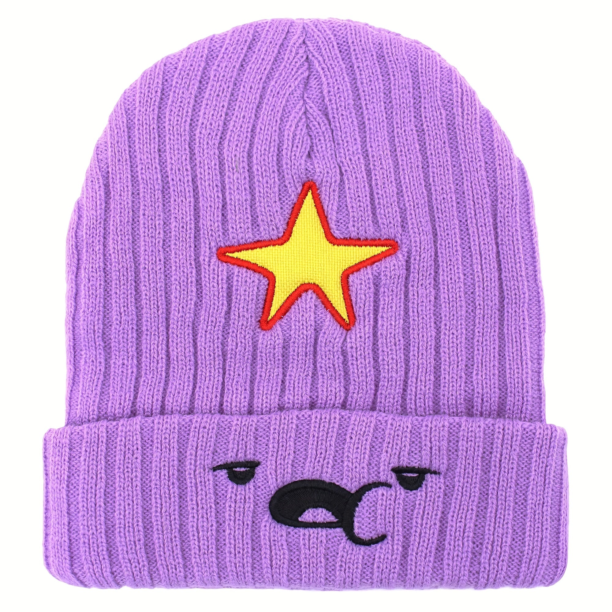 Anime Purple Slouchy Beanie Cartoon Embroidery Knit Hat Elastic Soft