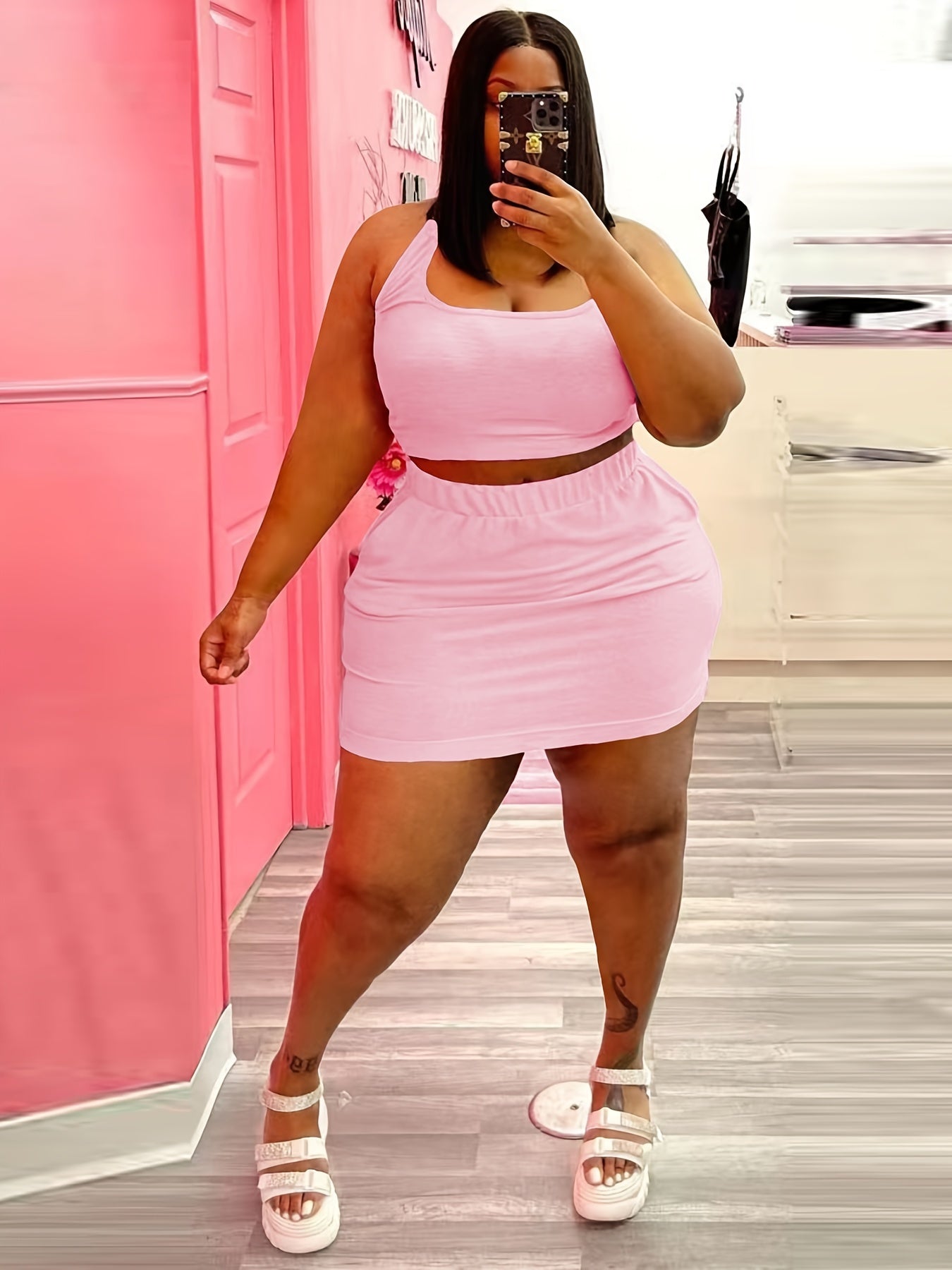  Solid Halter Neck Cami Top & Mini Skirt Set