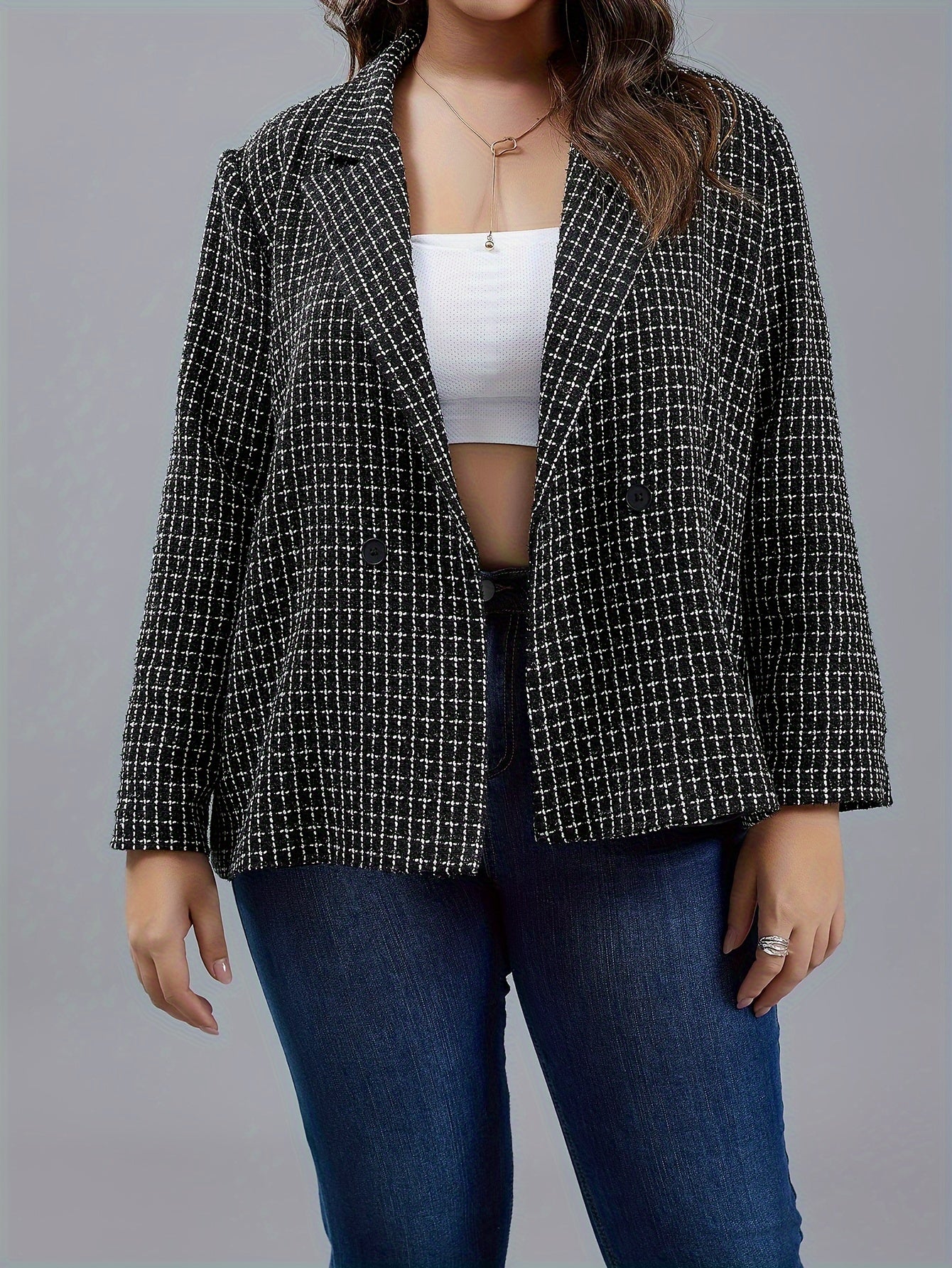  Grid Print Button Lapel Collar Blazer