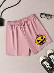  Pumpkin Print Tie Waist Pajama Shorts