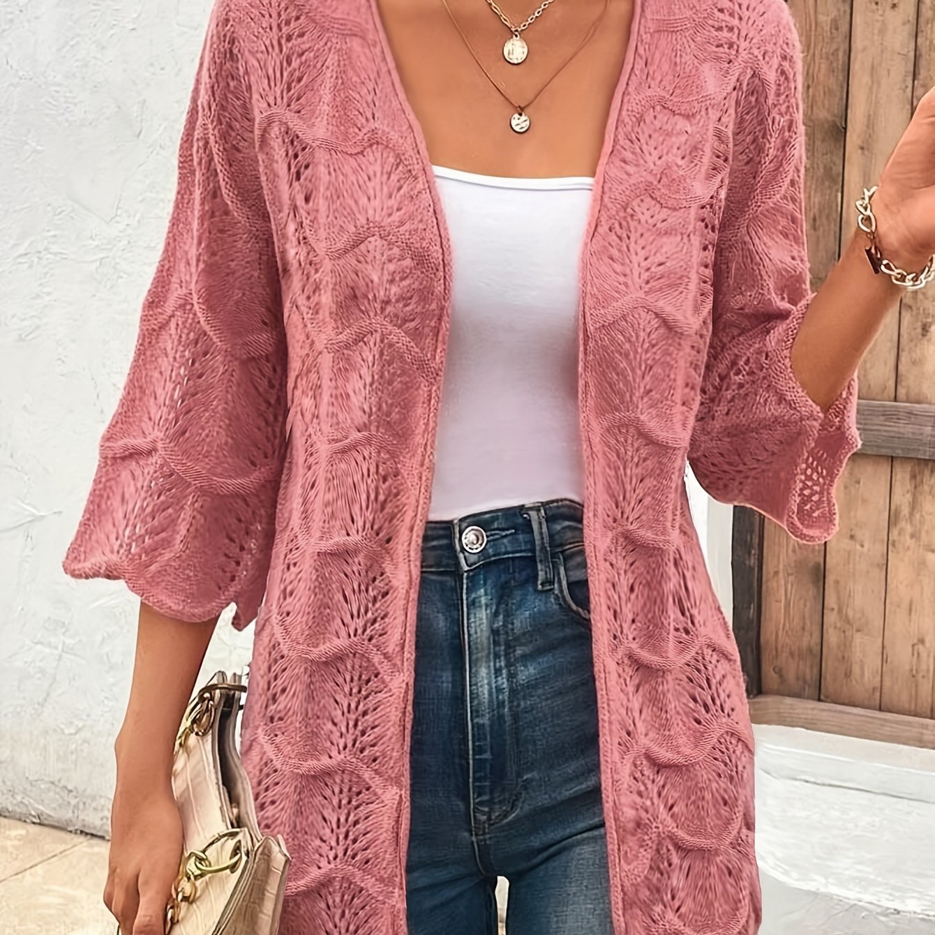  Jacquard Half Sleeve Open Front Cardigan