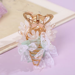 Vintage Chinese Style Hair Claw Clip Faux Pearl Flower Leaf Metal