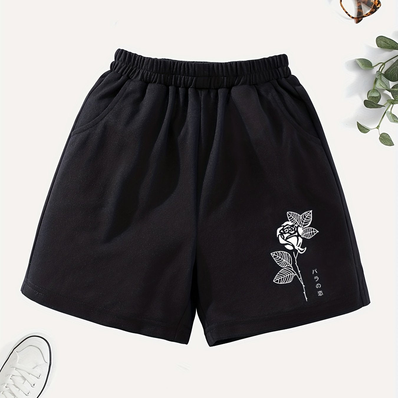 Girls' Rose & Anime Graphic Casual Shorts with Pockets