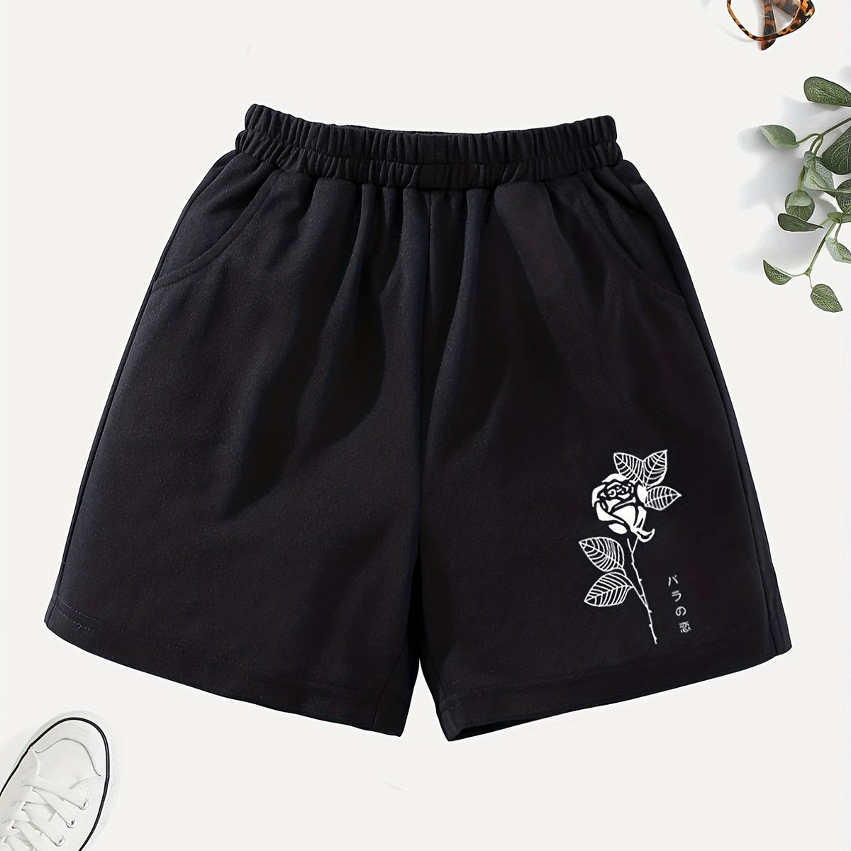 Girls' Rose & Anime Graphic Casual Shorts with Pockets