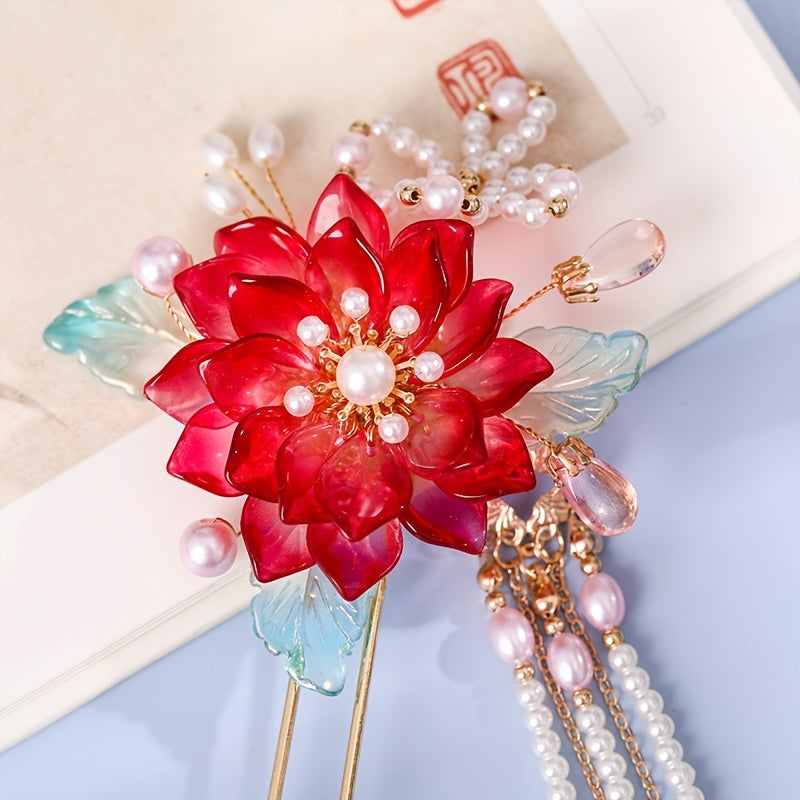 Hanfu Hairpin Faux Pearl Flower Leaf Tassel Chignon Vintage Chinese Style Cheong