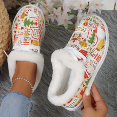 Christmas Print Plush Lined Furry Flat Lightweight Comfortable Skate Shoes