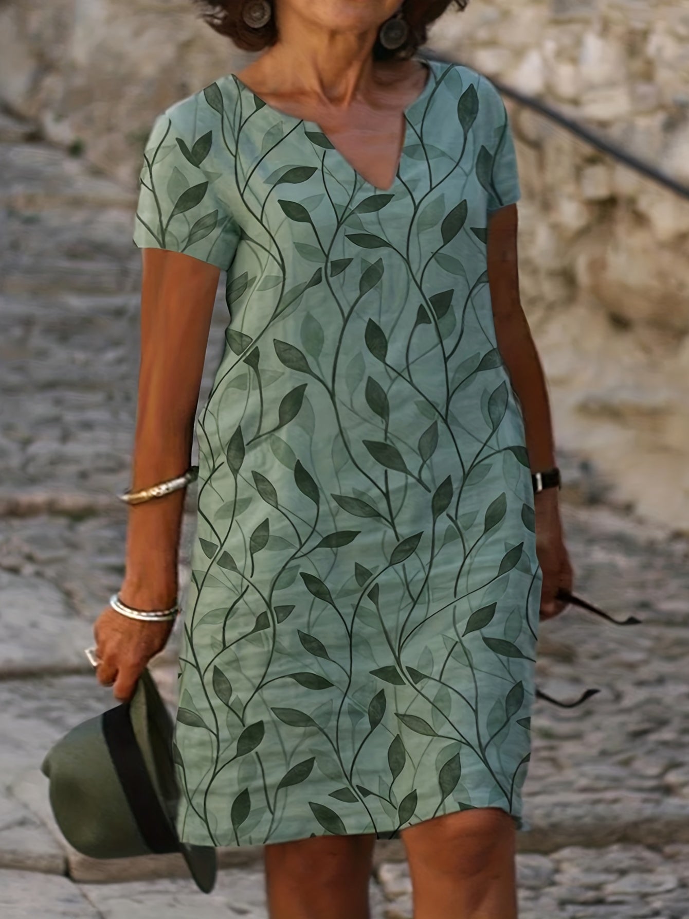  Leaf Print Short Sleeve Dress
