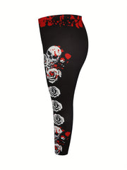  Halloween Goth Leggings Floral Skull Print High Rise Leggings