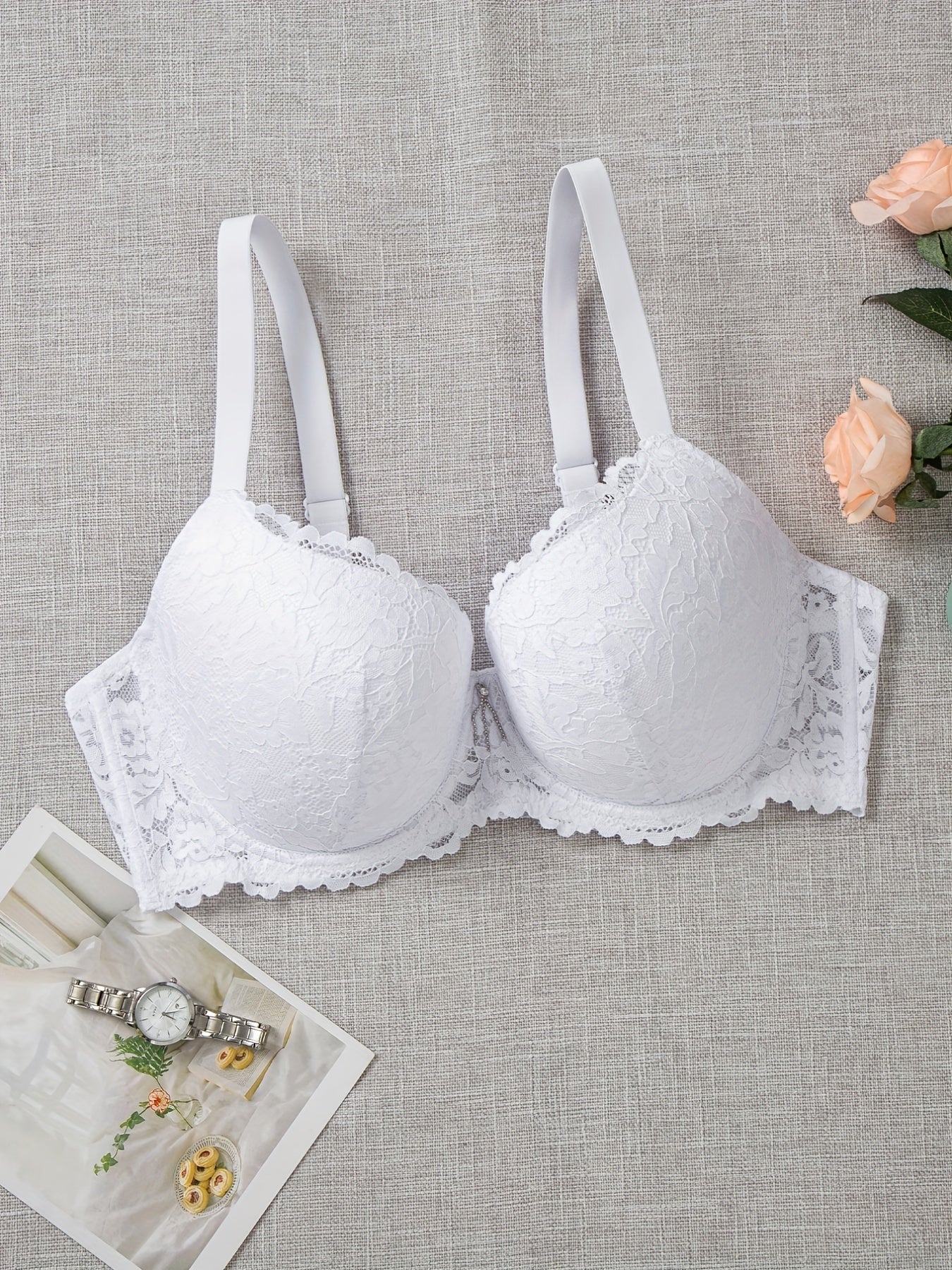  Bra Women's Plus Floral Lace Tassel Molded Cup Full Cover Comfort Bra