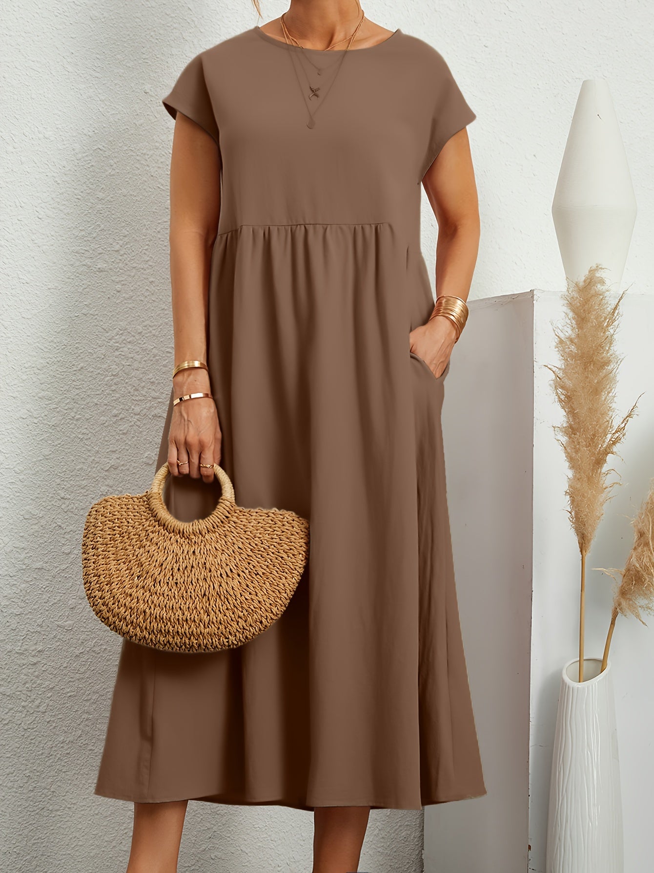  Casual Dress Solid Round Neck Cap Sleeve Midi Dress With Pockets