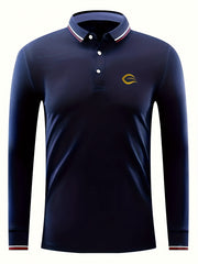 Men's E Print Polo Shirt Casual Stretch Breathable Long Sleeve Shirt