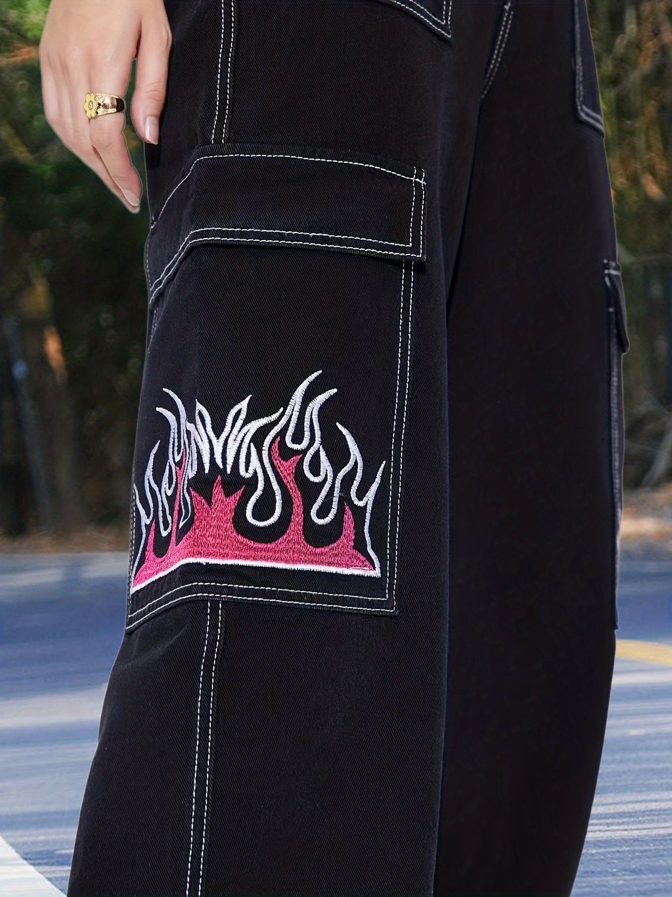 Fire Print Loose Fit Straight Jeans High Waist Non Stretch High Rise Streetwear