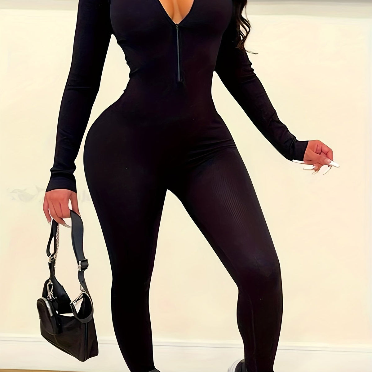 Solid Skinny Zipper Jumpsuit Athleisure Long Sleeve Jumpsuit