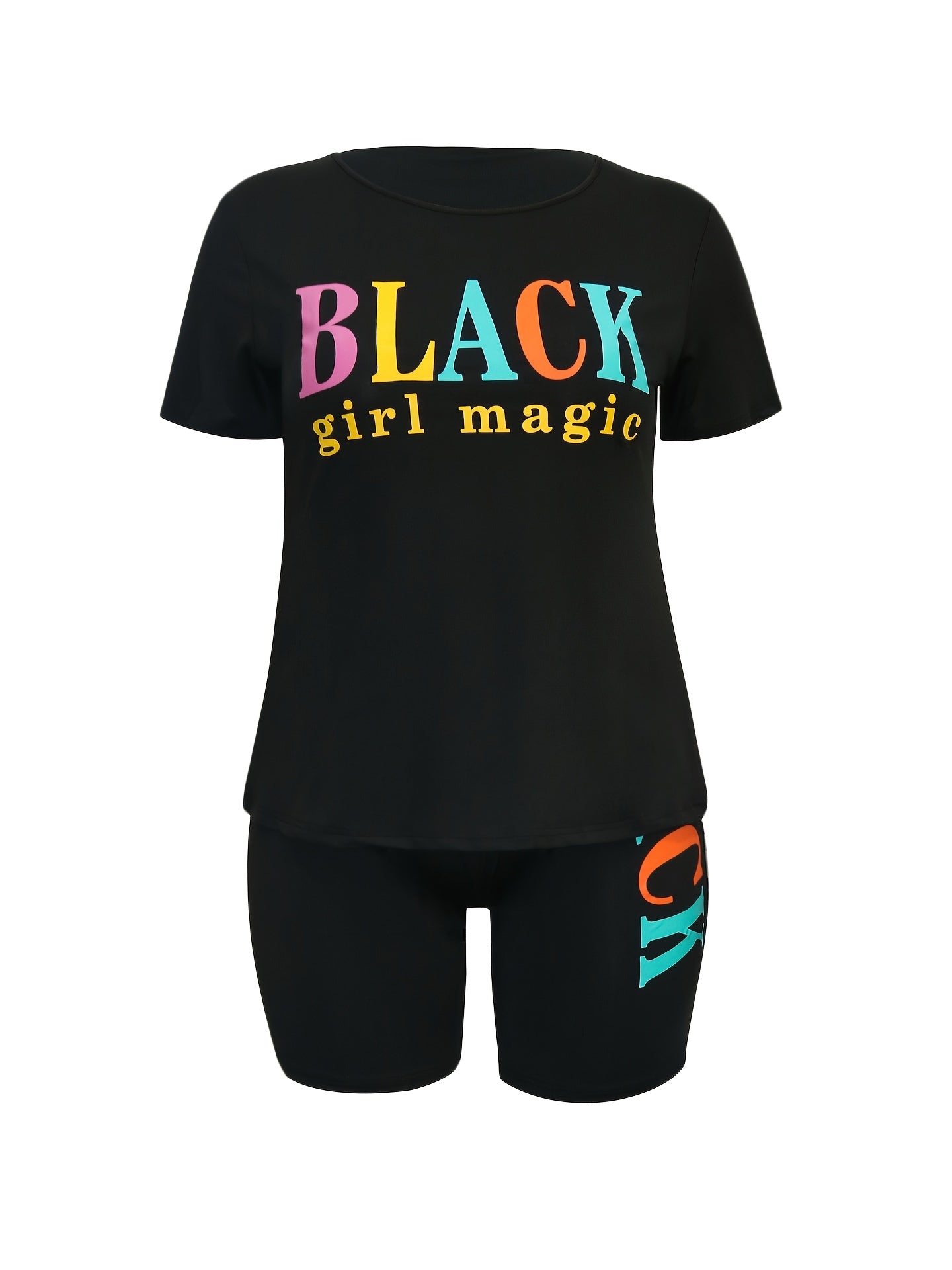  Letter Print Tee & Shorts Set Women's Plus Casual 2pcs
