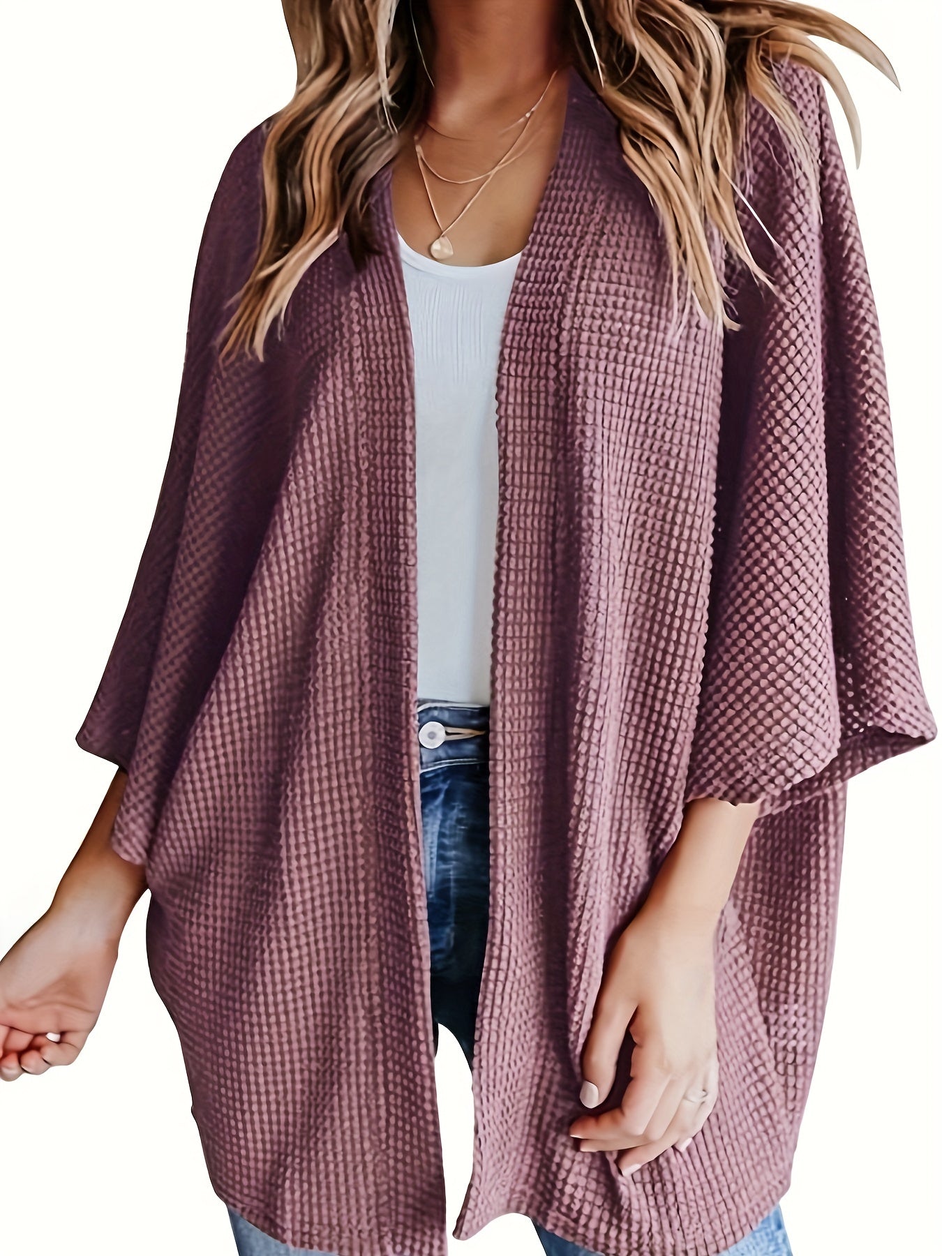  Casual Cardigan Women's Plus Solid Waffle Knit Open Front Cardigan