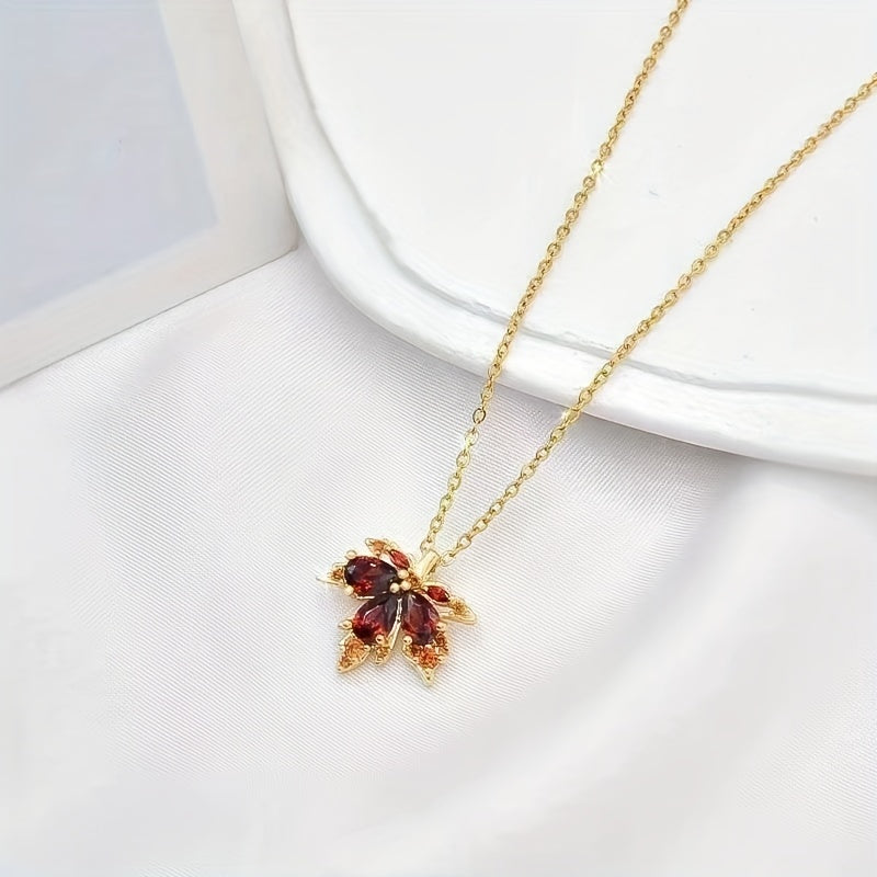 Adjustable Ring Necklace And Earrings Set Red Leaf Artificial Diamond