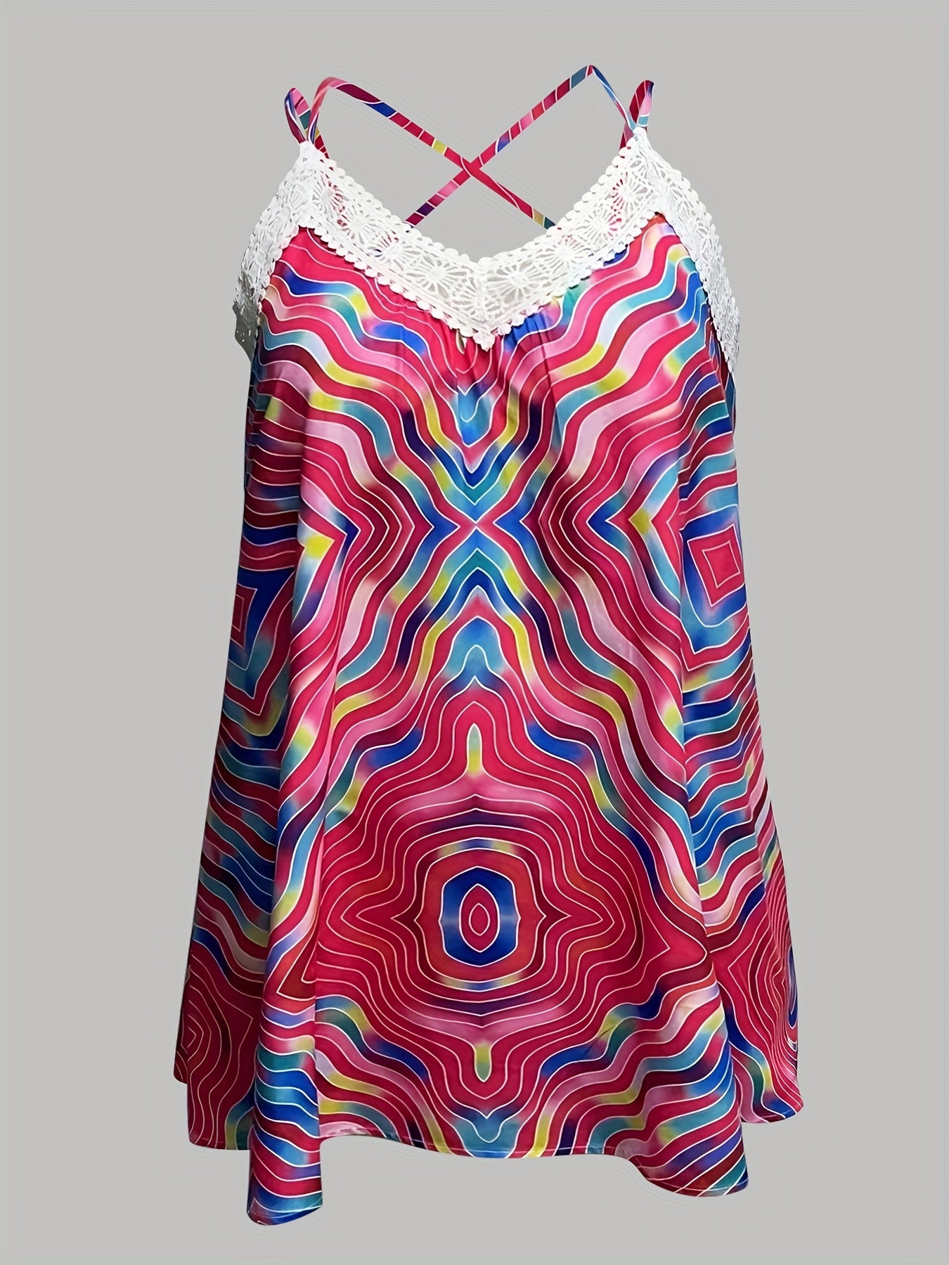  Boho Cami Top Women's Plus Swirl Print Lace V Neck