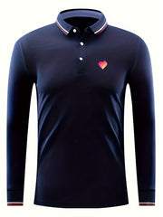 Men's Vintage Long Sleeve Polo Shirt Casual Button Up Polo Shirt