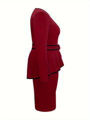  Colorblock Long Sleeve Round Neck Dress