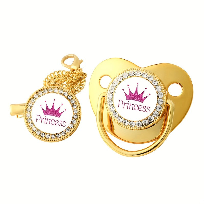 Crown Princess Prince Diamond Pacifier with Chain Clip