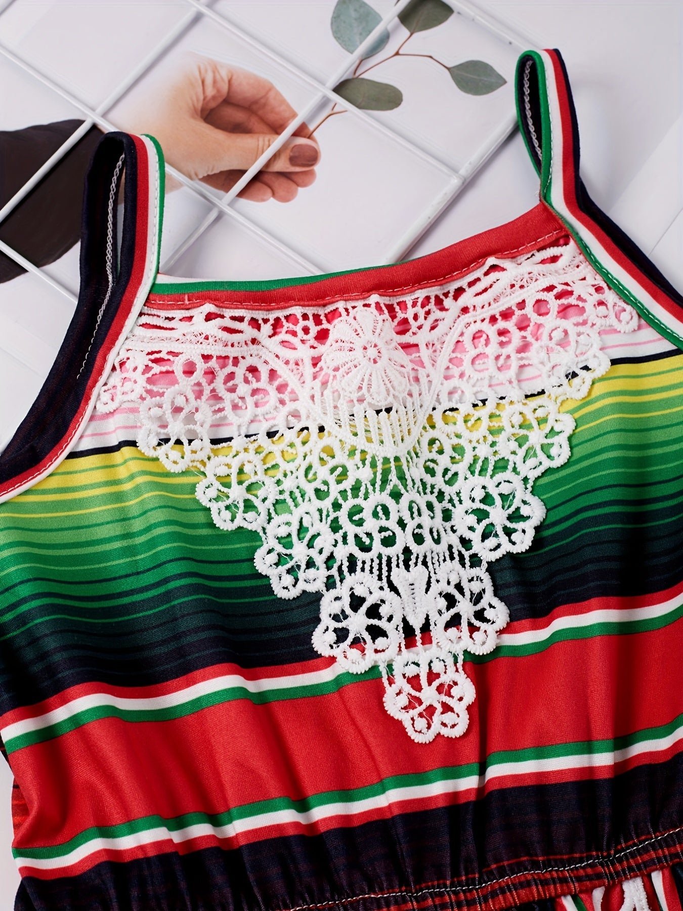 Toddler Girls Colorful Striped Graphic Lace Trim Cami Rompers Jumpsuits