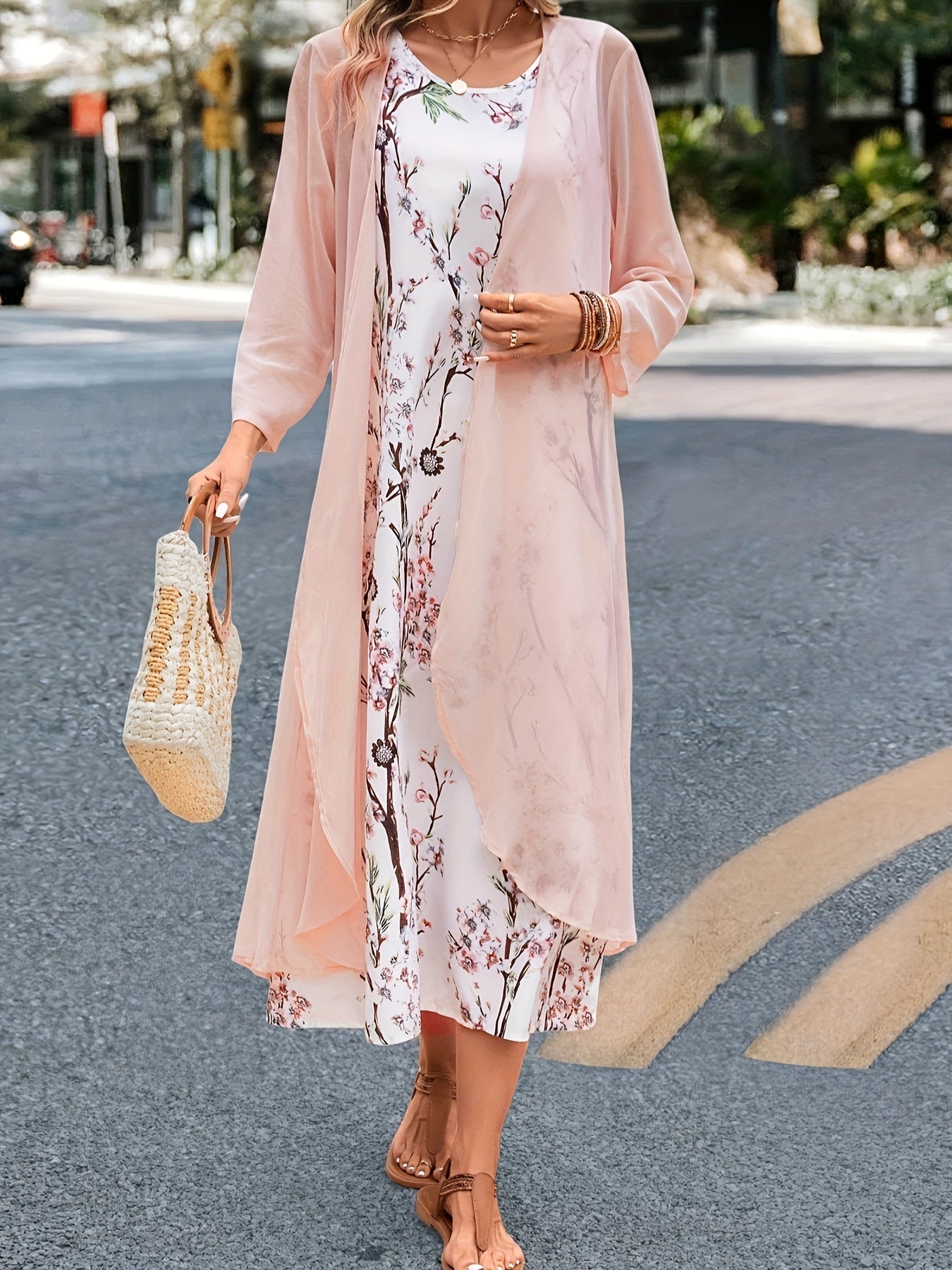  Floral Tank Dress & Cardigan 2 Piece Set