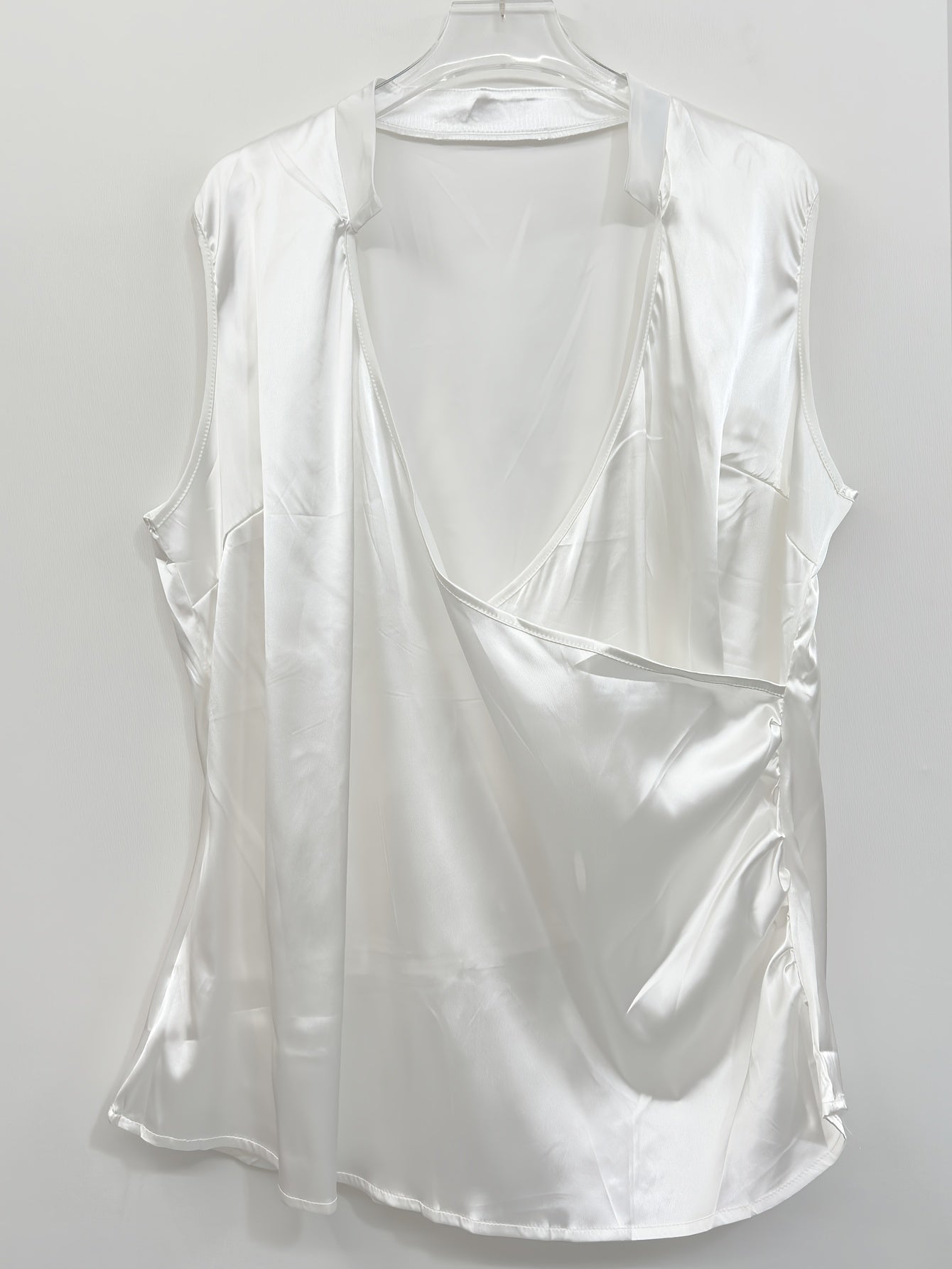  Solid Satin Surplice Neck Ruched Tank Top