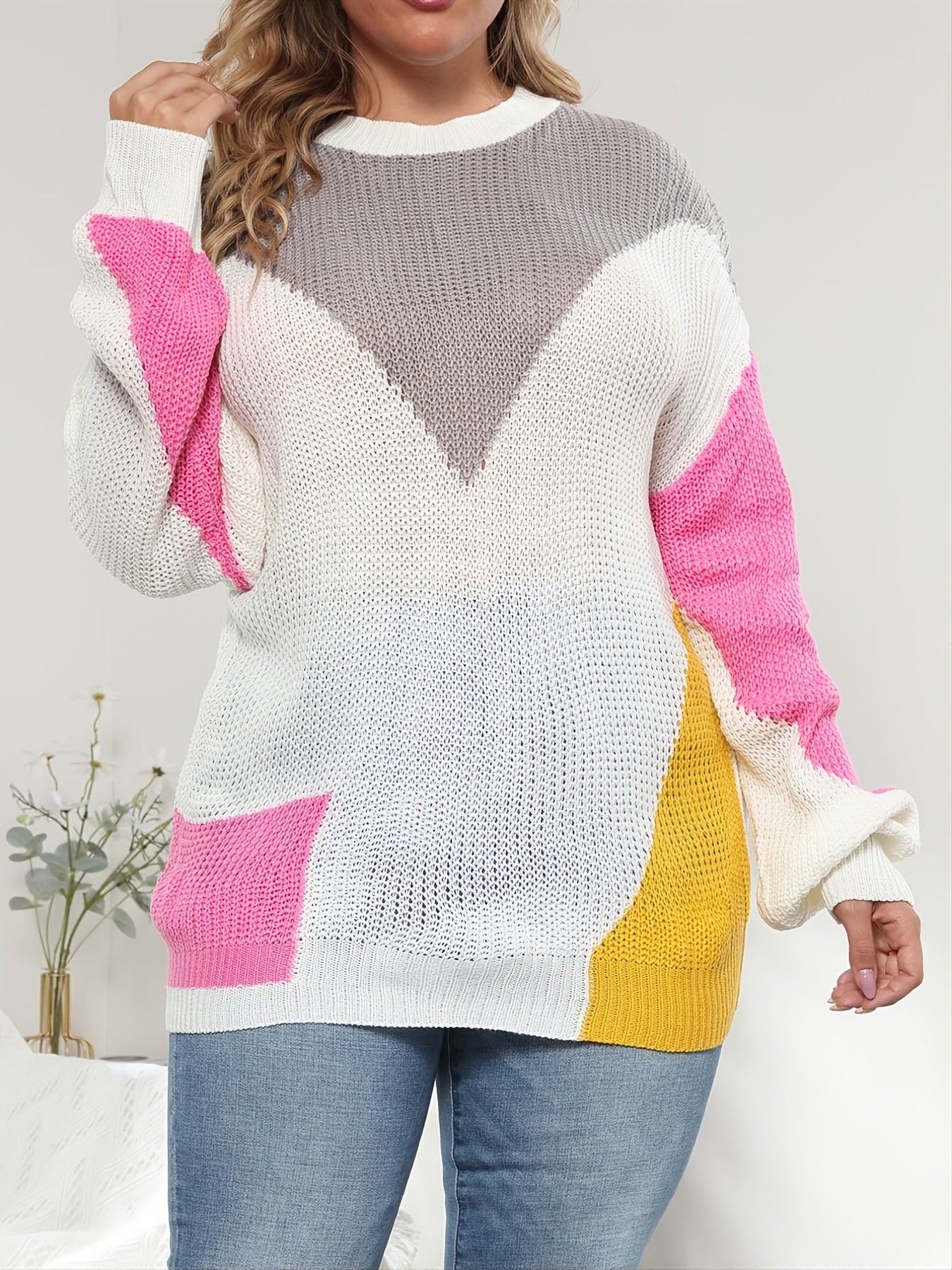  Colorblock Round Neck Sweaters Women's Plus High Stretch Loose Fit